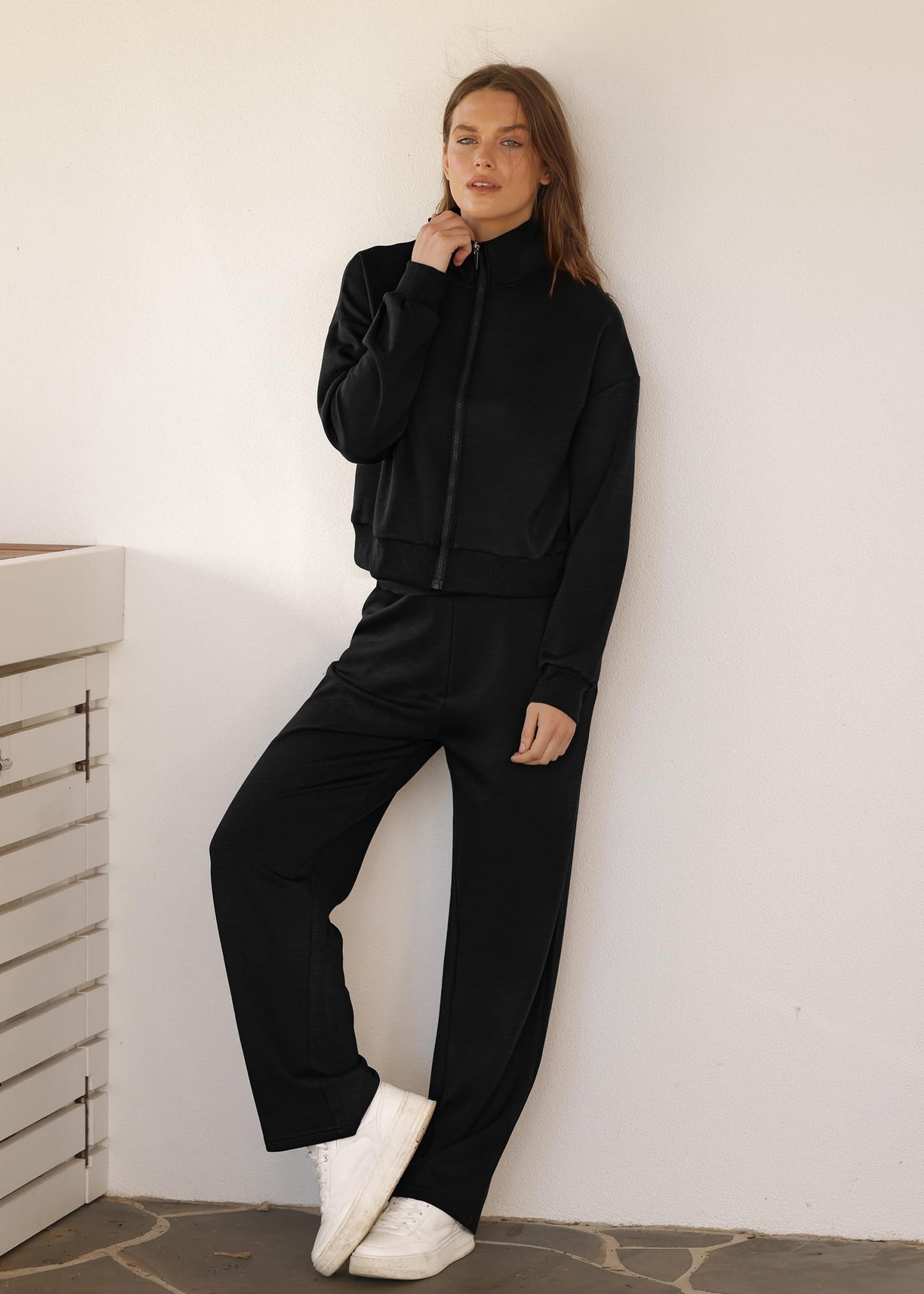 XIEERDUO Lounge Sets for Women 2025 2 Piece Beach Vacation Clothes Winter Essentials Luxury Women Fashion Zip-Up Sweatshirt Sweatsuits Fall Black Sweatpants Tracksuit XL
