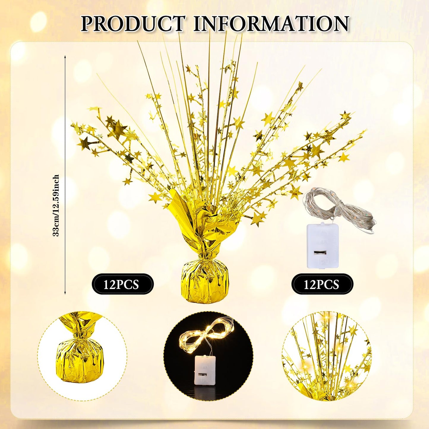 12 Pack Metallic Foil Spray Centerpiece with LED String Lights Star Table Decoration Burst Table Centerpieces for Birthday Graduation Wedding Anniversary Holiday Party Supplies Decor, Gold