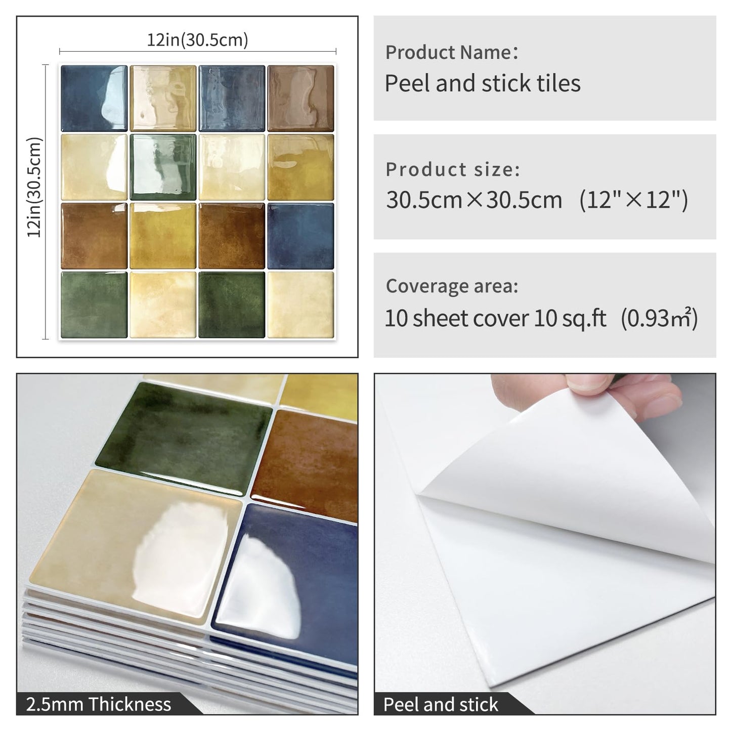 Tiwoos Thick Kitchen Peel and Stick Backsplash Tiles Square Self Adhesive Wall Tile Colorful (10-Sheet,12"x12")