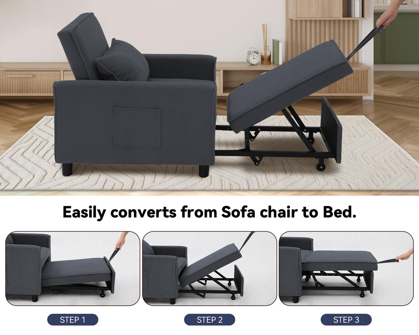 SEJOV Sleeper Chair, 3 in 1 Convertible Sofa Chair with Pull Out Futon Bed for Adults, Modern Corduroy Single Recliner for Small Spaces w/Adjustable Backrest, 2 Side Pockets & Pillow, Dark Gray