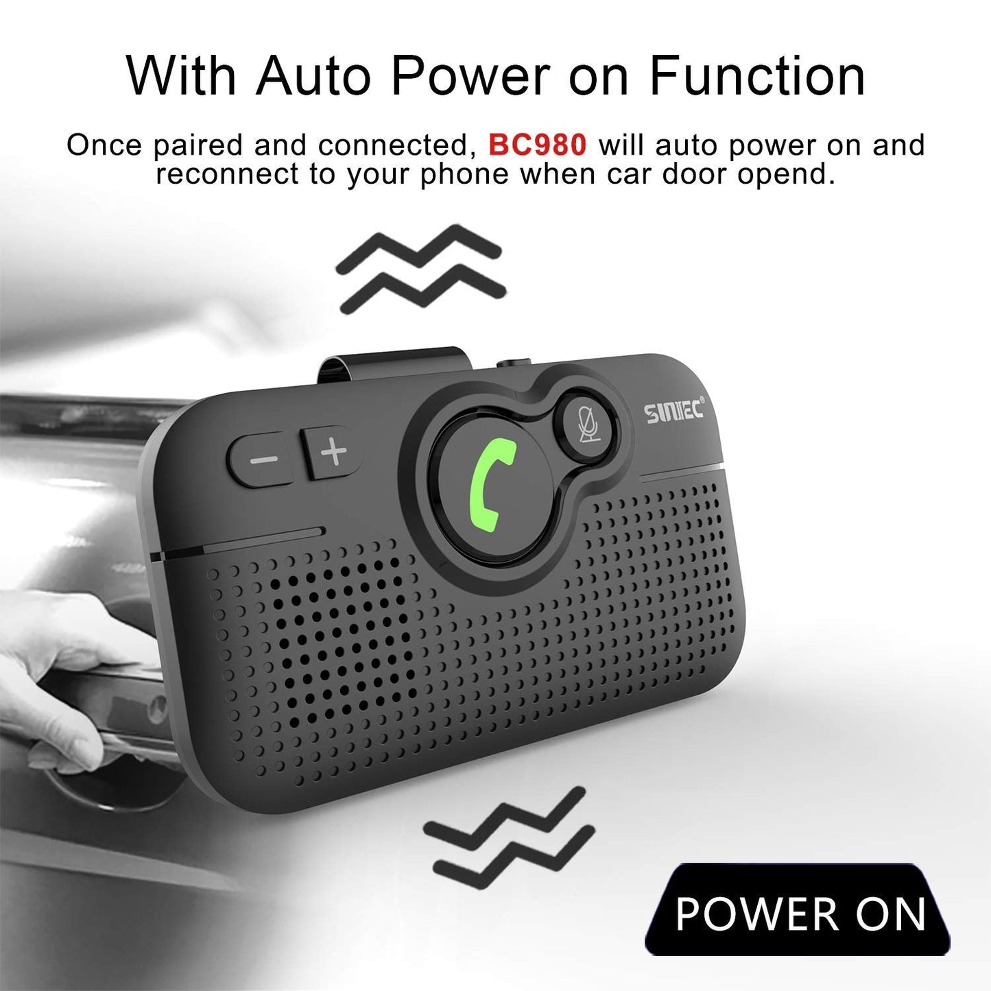 SUNITEC Bluetooth Car Speaker for Cell Phone, Handsfree Bluetooth Car Kit Motion AUTO ON Off Support Siri Voice Assistant Handsfree Speakerphone with Visor Clip - BC980P
