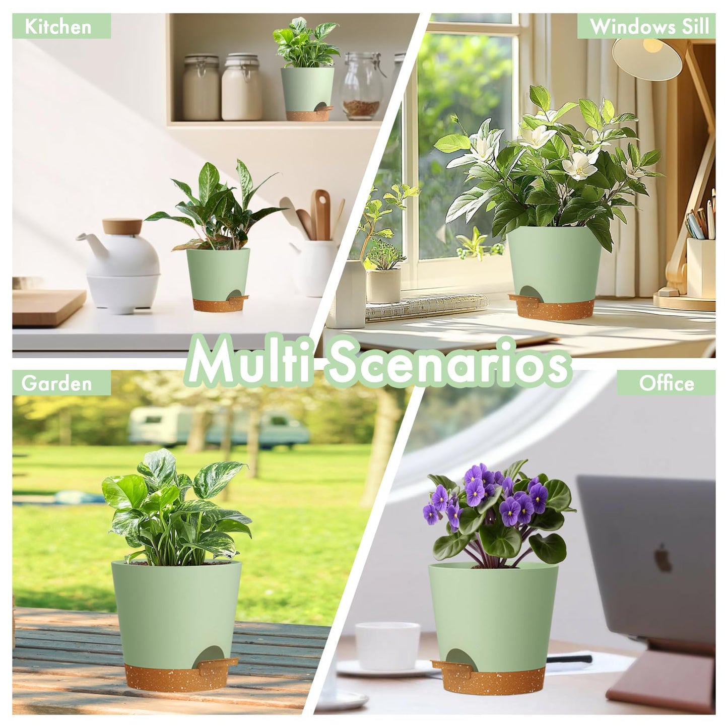 WSMKSZ 4 inch Self Watering Pots for Indoor Outdoor Plants, 6 Pack Plastic Flower Planters with Drainage Holes and Removable Saucers, Plant Pots with Wicking Rope, Modern Decor, Green Brown