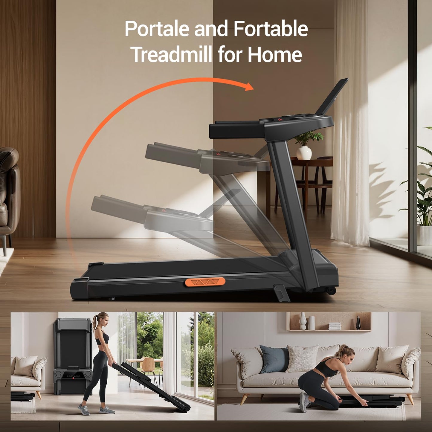 3-in-1 Portable Treadmills for Home and Office, 12% Incline Treadmill with Handle, Foldable Treadmills with 300 Lbs Weight Capacity, 3.0HP Quiet Walking Pad Treadmill, Three Touch Screen
