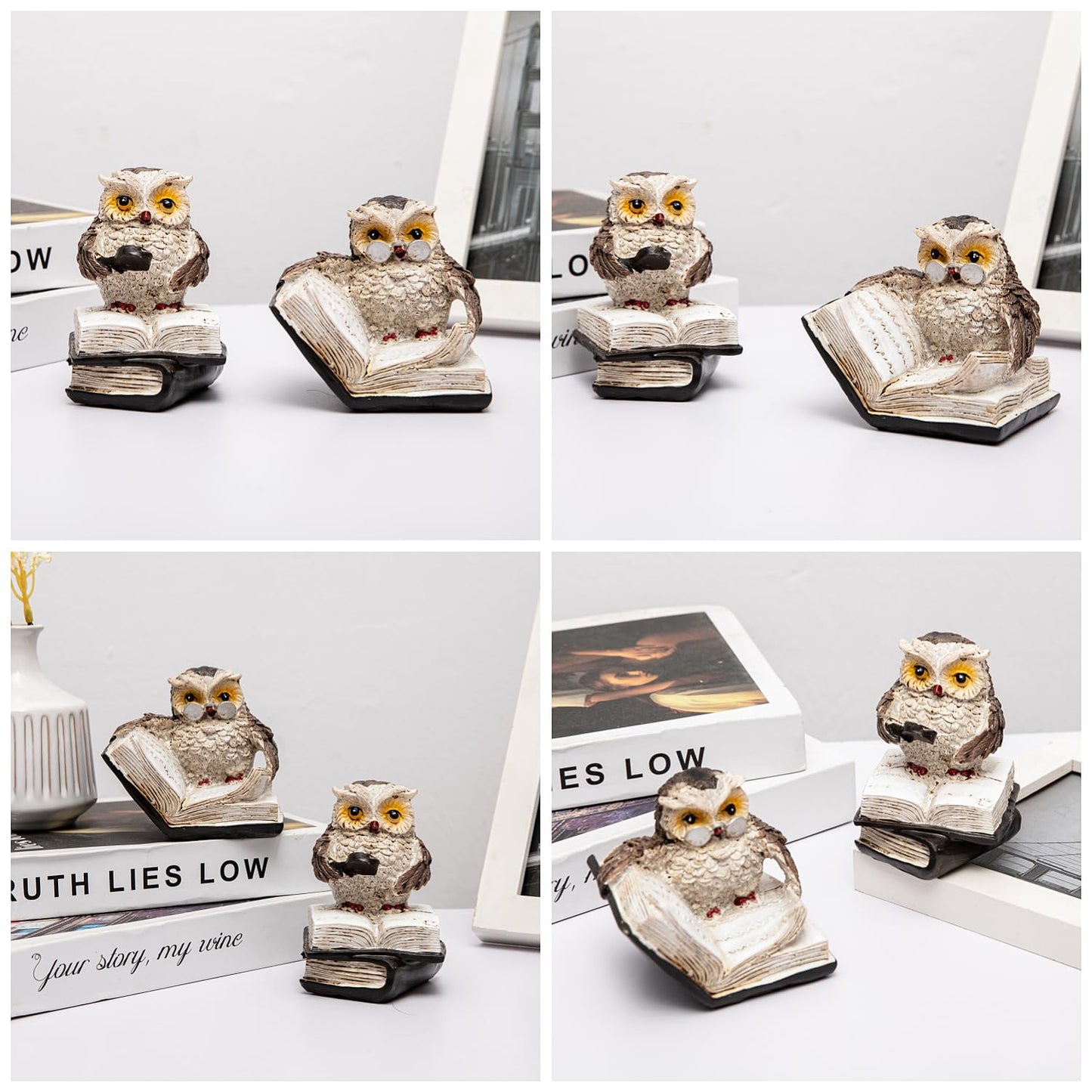 Adorable Reading Owl Statue, 2 Wise Owl Thinker Sculptures Home Decor Accents, Retro Animal Decor Owl Figurines for Living Room Bedroom Office TV Stand Tabletop Shelf Mantel, Gift for Men Birds Lover