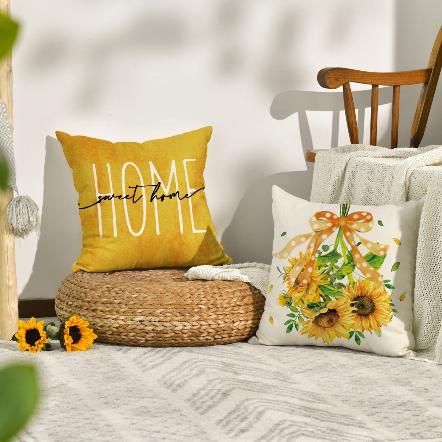 AVOIN colorlife Sunflower Home Sweet Home Bless This Home Summer Throw Pillow Covers, 18 x 18 Inch Yellow Cushion Case for Sofa Couch Set of 4