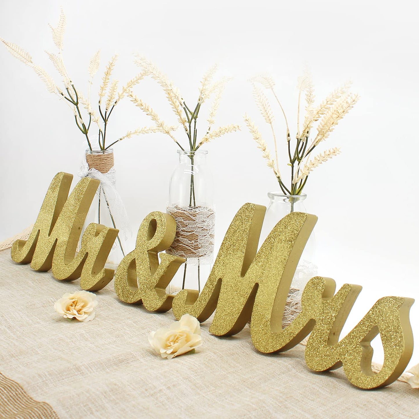 Wooden Mr and Mrs Sign, Rustic Mr. & Mrs. Letters Wedding Signs for Wedding Table, Miss Mr. Deroation for Photo Props/Party Table/Anniversary/Valentine's Day/Wedding & Engagement, Golden