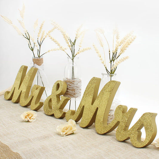 Wooden Mr and Mrs Sign, Rustic Mr. & Mrs. Letters Wedding Signs for Wedding Table, Miss Mr. Deroation for Photo Props/Party Table/Anniversary/Valentine's Day/Wedding & Engagement, Golden