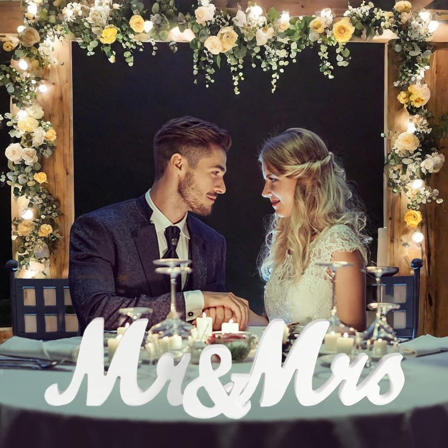 GarveeHome Large Mr & Mrs Sign for Wedding & Anniversary Centerpiece Table Decor, Freestanding White Wooden Letter