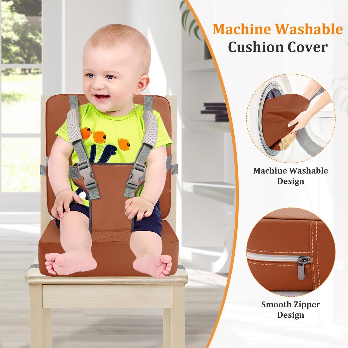 Toddler Booster Seat for Kitchen Chair & Dining Table – Waterproof PU Foam Cushion with Backrest & Safety Straps – Foldable, Lightweight Design for Kids Ages 2-6 – Easy to Clean