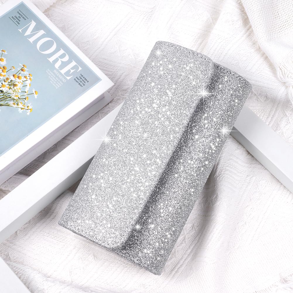 OSDUE Evening Bag Clutch Purses, Rhinestones Purse Silver Sparkling Wedding Party Purse Envelope Evening Bag with Detachable Chain for Women