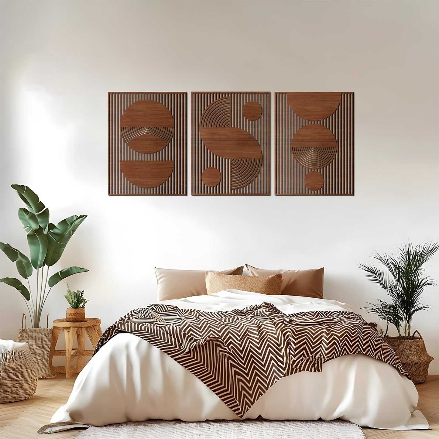 3 Pcs Abstract Wood Wall Art, Mid Century Modern Geometric Wood Wall Decor Minimalist Wooden Wall Art Decor Panels for Boho Living Room Bedroom Kitchen Dining Room Office Home Wall Decor