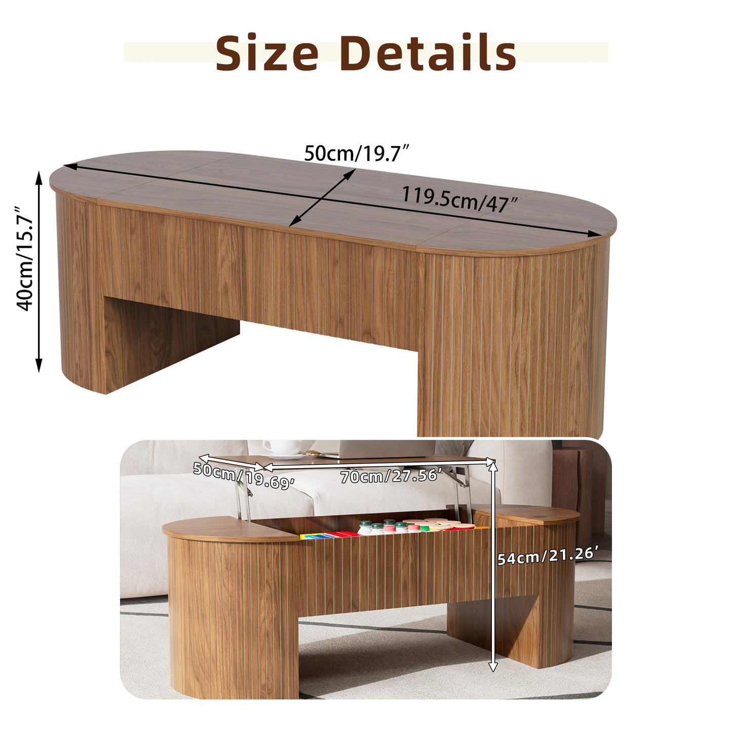 Lift Top Coffee Table with Hidden Storage Compartment, Oval Wooden Coffee Table with Lift Tabletop for Living Room, Mid Century Modern Center Table for Home Office, 47 Inch (Walnut)