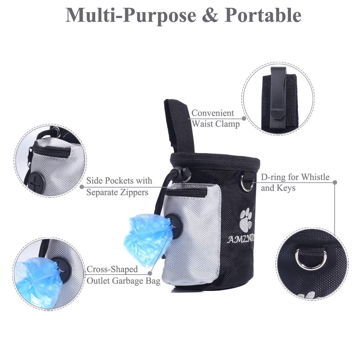 AMZNOVA Dog Treat Bag, Puppy Training Pouch, 3 Cups Animal Walking Snack Container Best Hiking Toys Pack Dispenser Carries with Waistband, Black