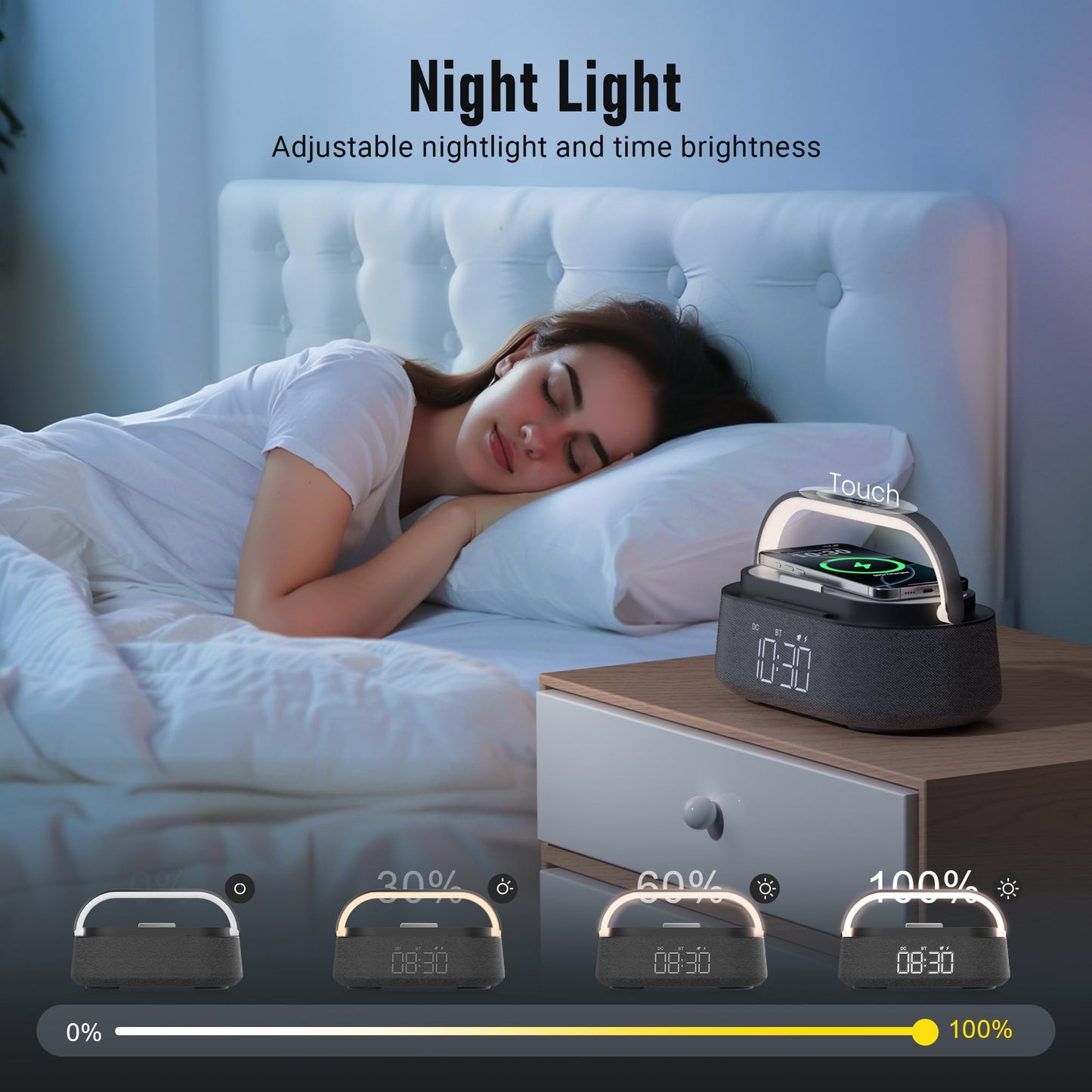 FREEFISH Bluetooth Speaker with Fast Wireless Charger,FM Radio,Touch LED Night Light,Phone Holder,Snooze, Portable Wireless Speaker for Bedrooms Office Home, Gifts (Black)