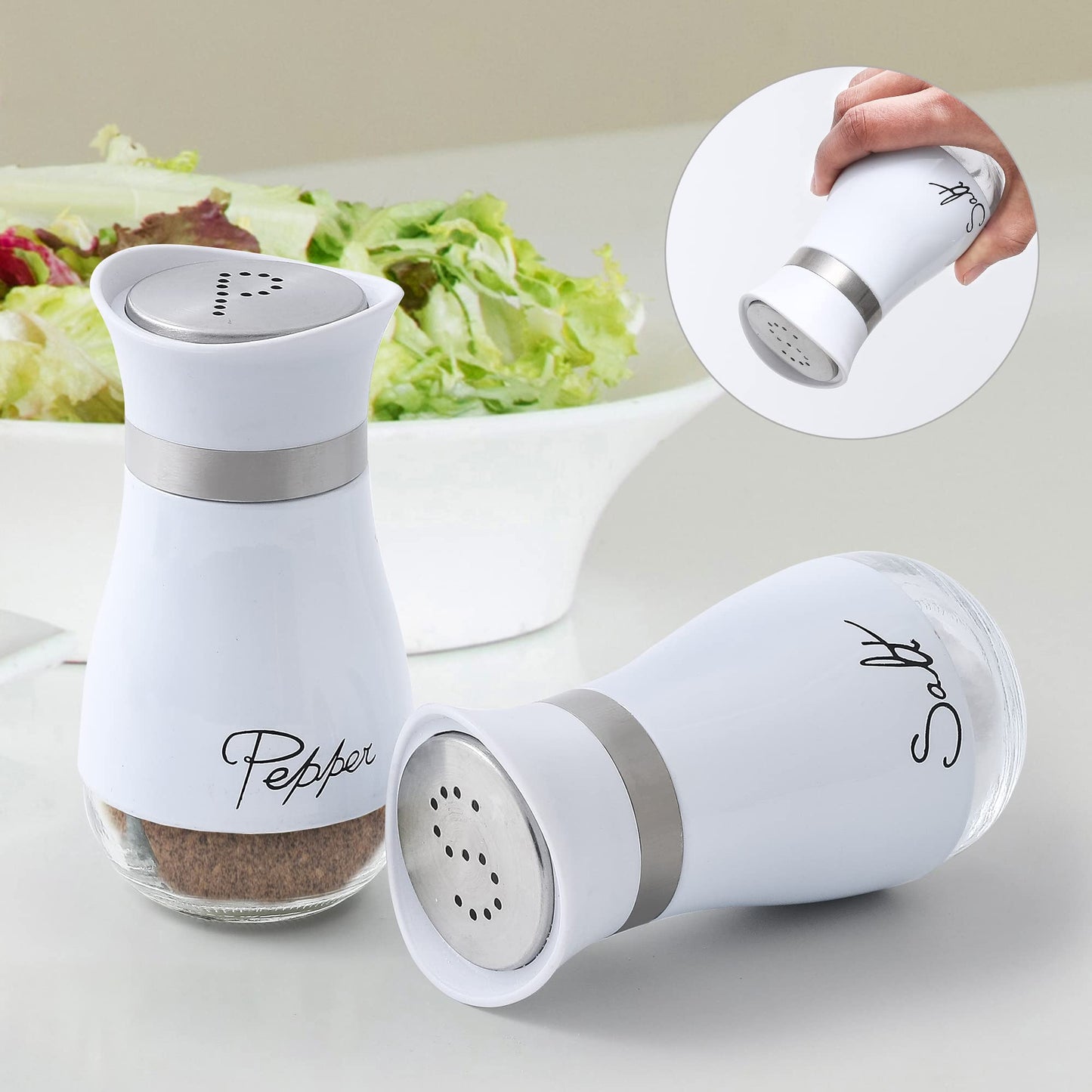 Lonffery Salt and Pepper Shakers Set - Salt Containers for Gifts, Kitchen Decor, Home, RV, Camp, BBQ, 4 oz Farmhouse Spice Dispenser with Glass Bottom, White, Set of 2