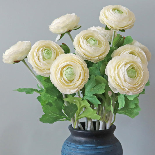 NMAIYA Ranunculus Artificial Flowers 6Pcs White Faux Flowers Silk Ranunculus with Stems Realistic Indoor Flowers for Home Table Decor Wildflowers Floral Arrangement(20In,Cream White)