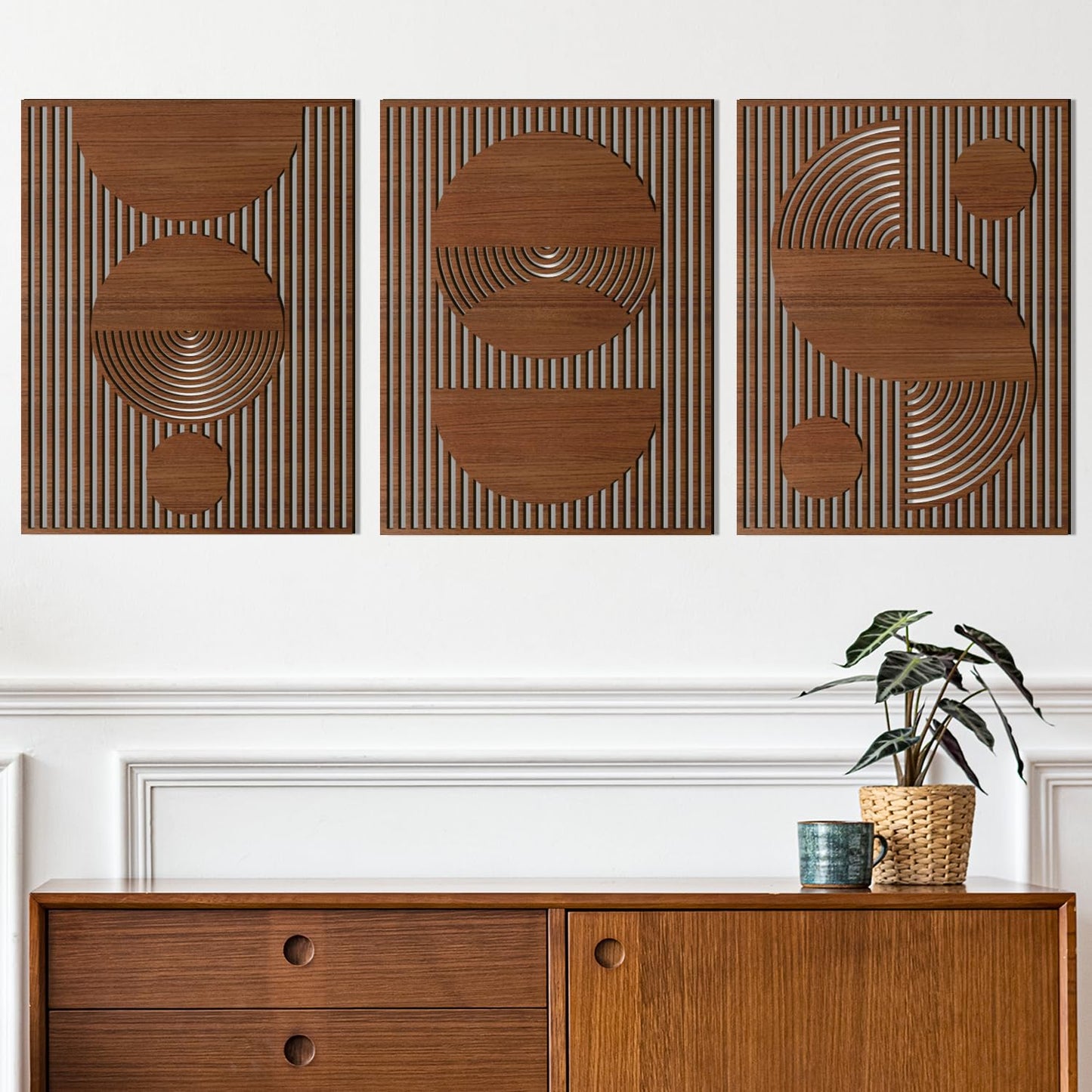 3 Pcs Abstract Wood Wall Art, Mid Century Modern Geometric Wood Wall Decor Minimalist Wooden Wall Art Decor Panels for Boho Living Room Bedroom Kitchen Dining Room Office Home Wall Decor