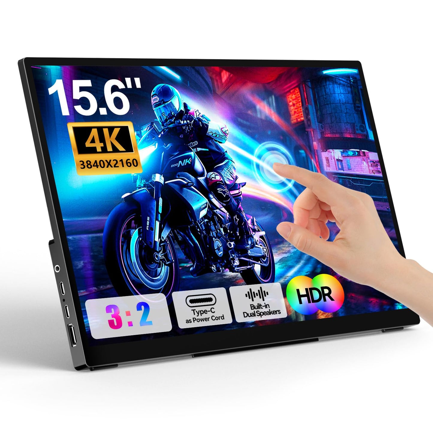 4K Portable Touch Monitor, 15.6" inch 3840 * 2160 UHD w/USB-C HDMI Laptop Monitor, 2000:1 100% RGB IPS ，Aluminum Alloy Shell,10-Point Touch，Dual Speaker, HDR, for Home, Work