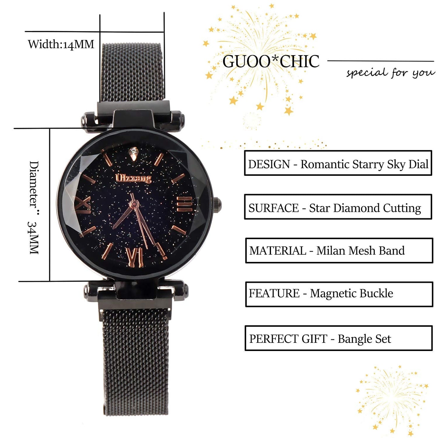 FUNGORGT Fashion Black Ladies Watch Magnetic Mesh Band Starry Sky Dial Analogue Quartz Wrist Watch for-Valentine's Day Gifts