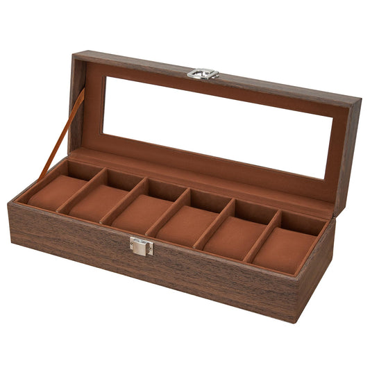 Ohuhu Watch Case, Watch Organizer for Men Wood Grain PU Leather - 6 Slot Watch Holder Real Glass Lid Jewelry Organizer Storage Soft Velvet Watch Display Case for Women Men Birthday Fathers Day