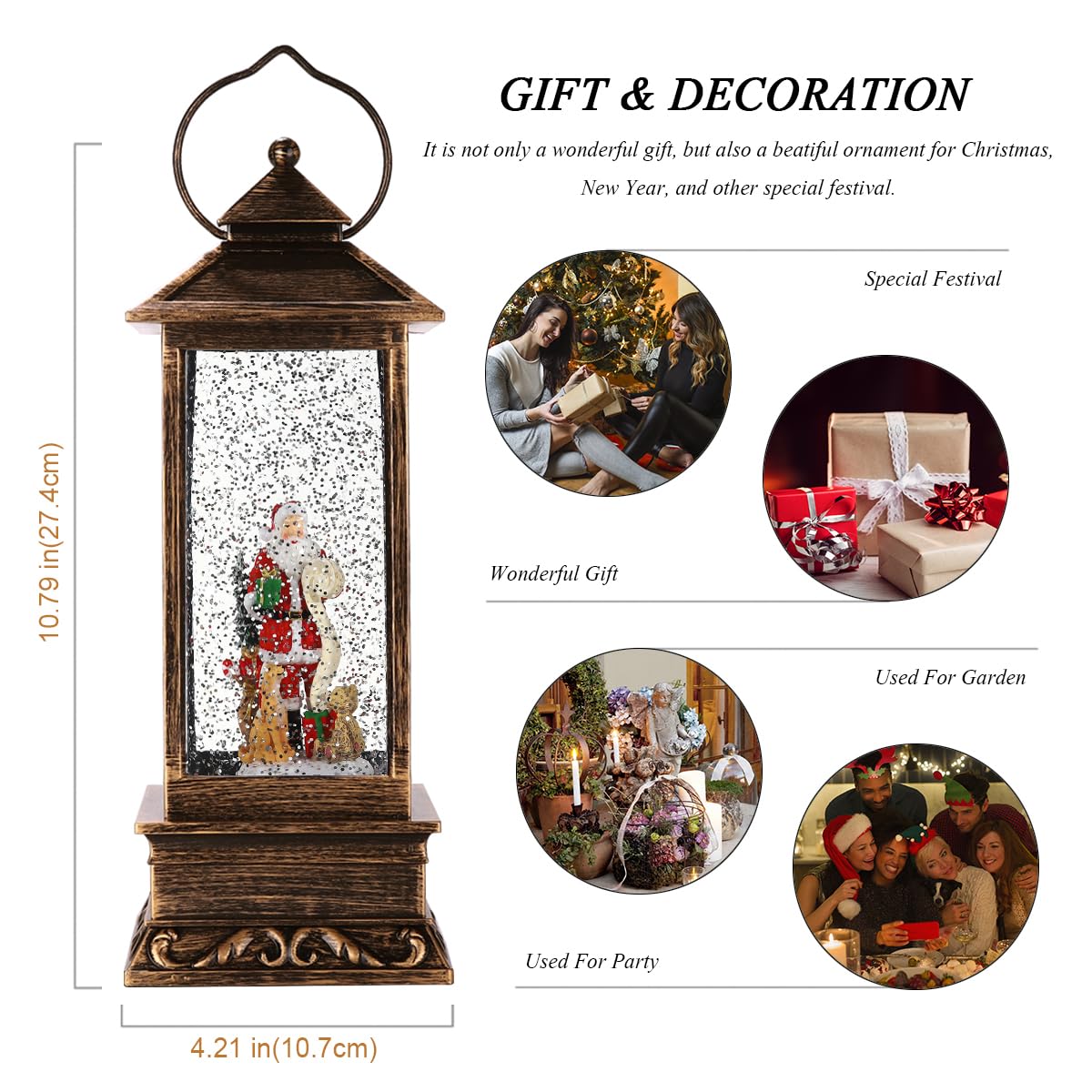 Christmas Snow Globes Lantern, Christmas Decoration Indoor, Battery Powered or USB Powered, Water Globe Lantern with Music and Timer, for Family Kids, Holiday Decorations