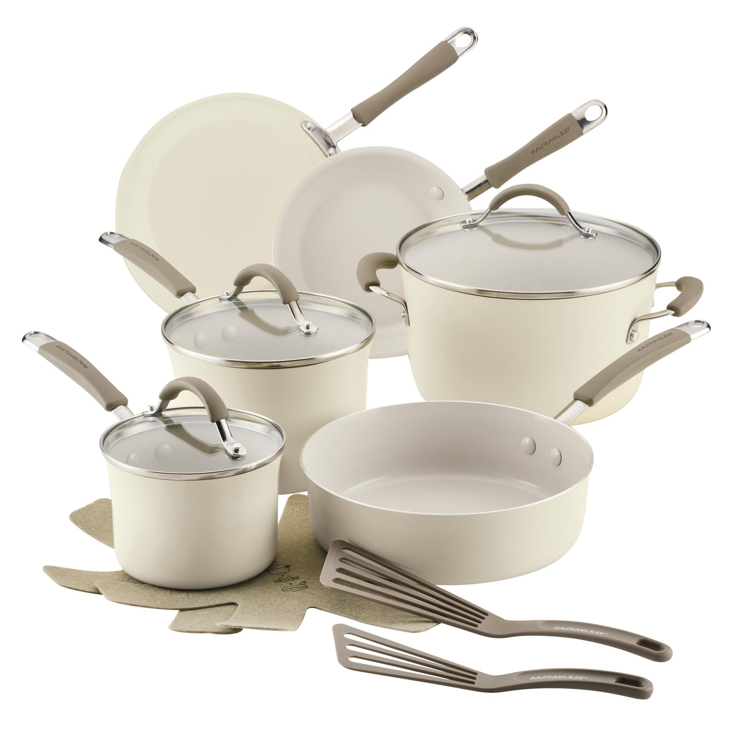 Rachael Ray Cucina Ceramic Nonstick Pots and Pans Set with Saucepans, Saute, Frying Pans, Stockpot, Lids, Pan Protectors, and Cooking Utensils, 13 Piece Non Stick Cookware Set - Almond