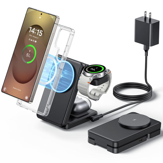 3 in 1 Magnetic Foldable Wireless Charger for Samsung, Fast Mag-Safe Charging Stand Station for Galaxy S25 S24 S23 S22 Ultra Plus/Z Fold/Flip 6/5, Galaxy Watch Ultra/7/6/5/Pro, Galaxy Buds/Pro