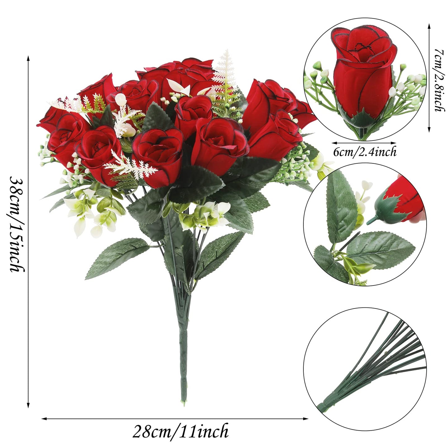U'Artlines 2Pcs Artificial Cemetery Flowers for Grave Silk Memorial Red Rose Flowers Outdoor Grave Flowers for Grave Vase Cemetery Flower Arrangements (Not Included Vase)