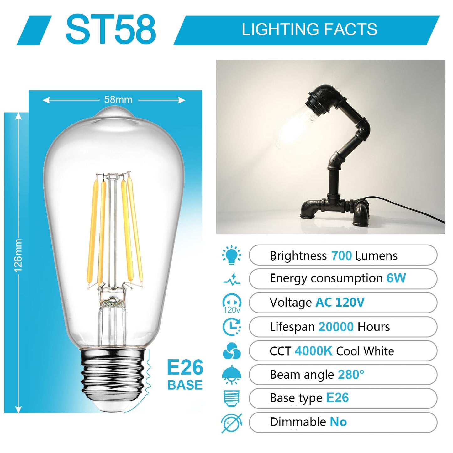 Ascher Vintage LED Edison Bulbs, 6W, Equivalent 60W, Non-Dimmable, High Brightness Cool White 4000K, ST58 Antique LED Filament Bulbs with 80+ CRI, E26 Medium Base, Clear Glass, Pack of 6