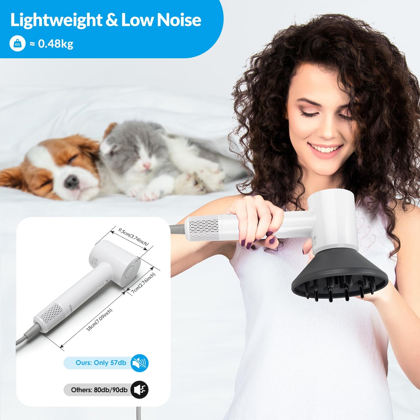 High-Speed Ionic Hair Dryer with Diffuser - 112,000 RPM Brushless Motor for Fast Drying Low Noise 4 Temp&2 Speed Settings 110V Professional Blow Dryer（Light White）