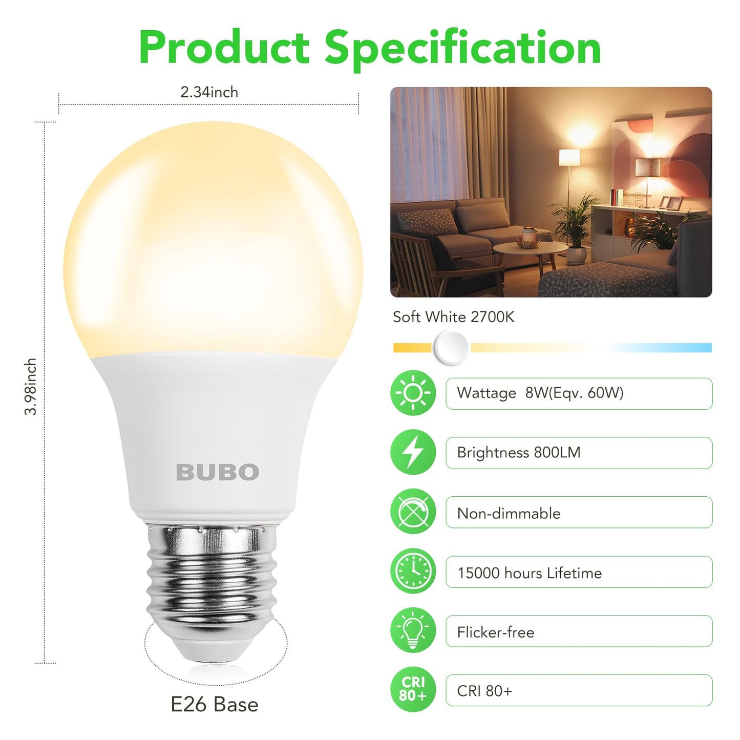 BUBO A19 LED Light Bulbs, 60 Watt Equivalent LED Bulbs, Soft White 2700K, 800 Lumens, E26 Standard Base, Non-Dimmable, 8W Soft White LED Bulbs for Bedroom Living Room Home Office, 24 Pack