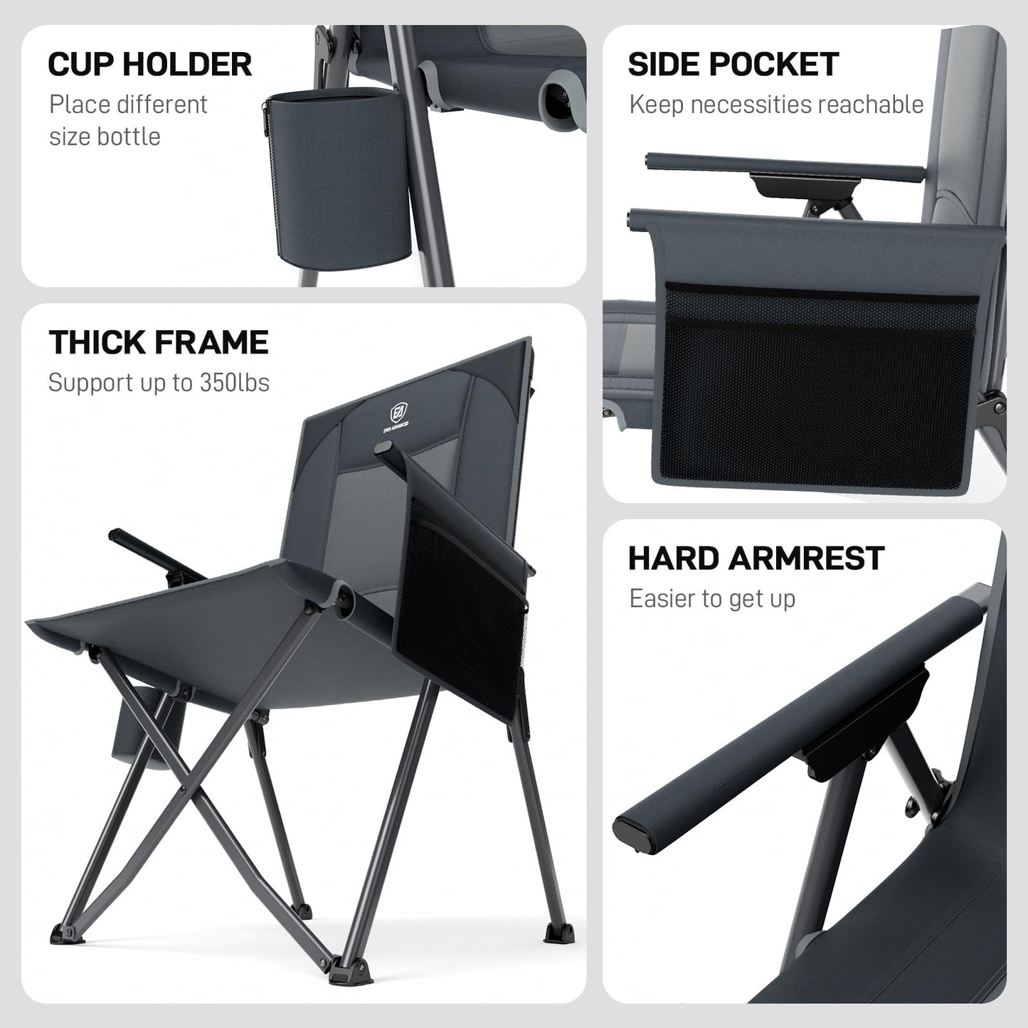 EVER ADVANCED Reclining Camping Chairs for Adult Lightweight, Portable Compact Folding Chair with Adjustable Back,4-Level Recliner Chairs, Lawn Chair for Patio Balcony, Supports 350lbs, Grey