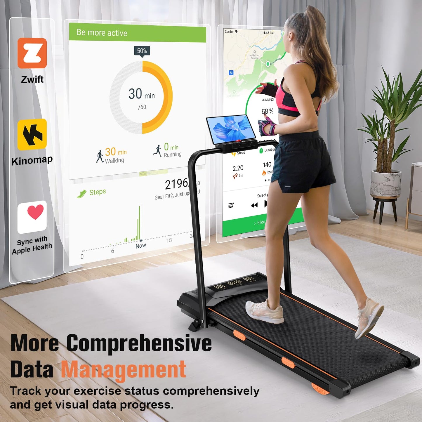 HONRISE Smart Walking Pad Treadmills for Home, Quiet Treadmill with Incline, Under Desk Foldable Treadmill, 320lbs Weight Capacity, Walking or Running for Home Office (Black/Orange)