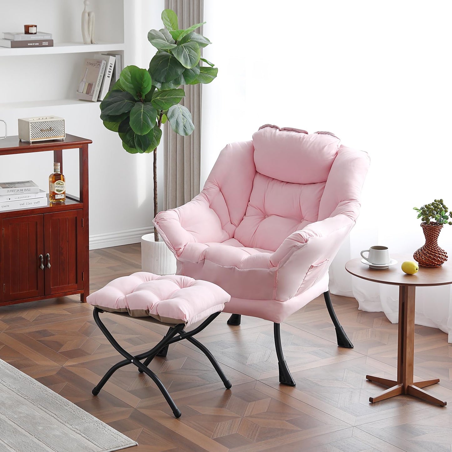 MBOOYOME Lazy Chair with Folding Ottoman, Modern Accent Lounge Armchair with Armrests and a Side Pocket & Foldable Footstool, Leisure Reading Chair for Living Room, Bedroom, Dorm & Office, Pink
