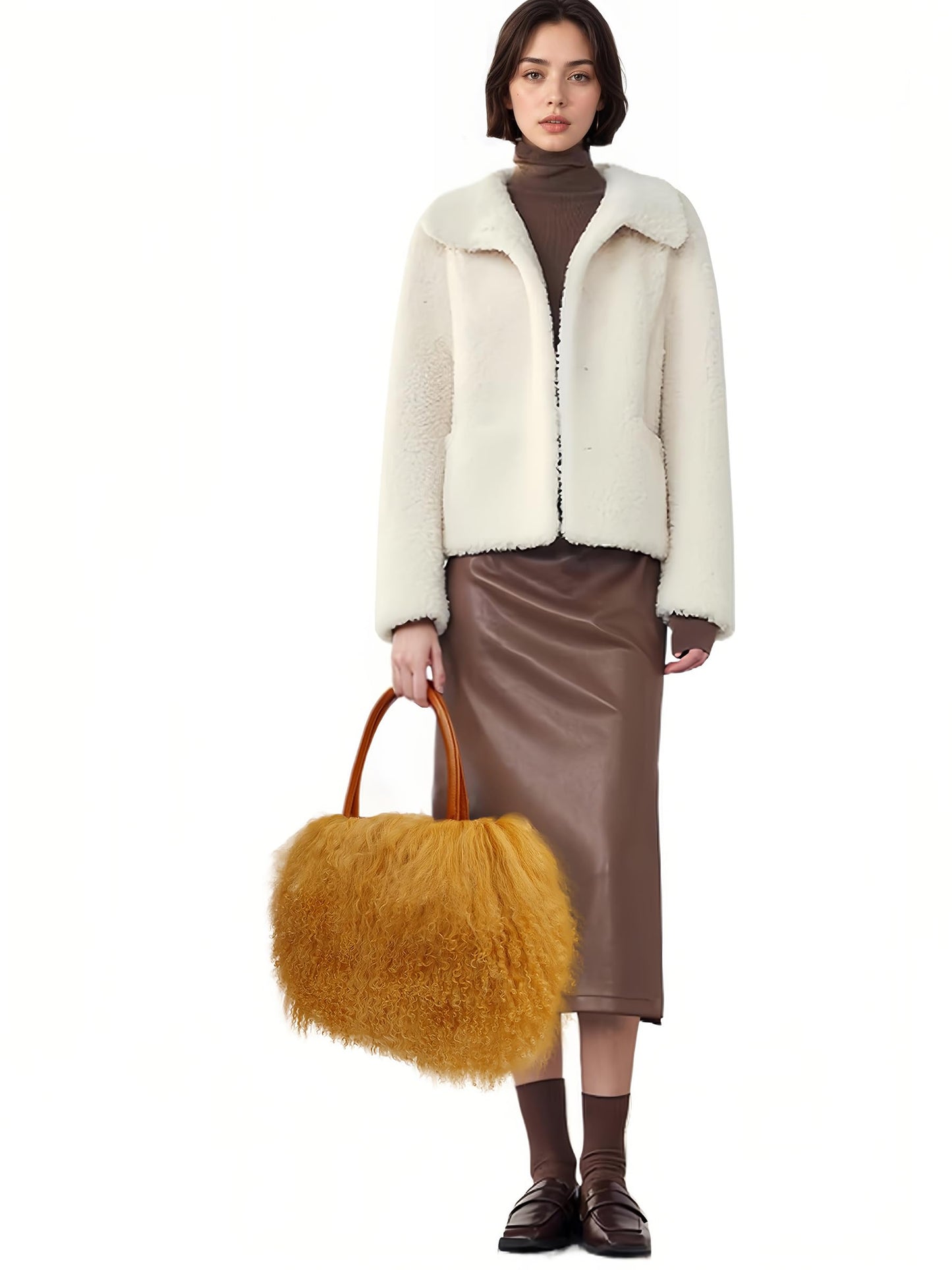 FINILUO Women Luxury Real Lamb Mongolian Flush Wool Fur With Genuine Leather Handles Handbag Camel
