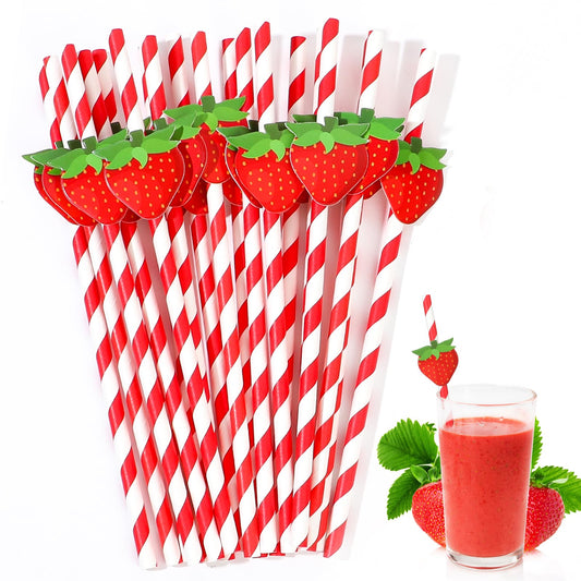 Strawberry Straws, 30 Pack Disposable Drinking Straws Cute Paper Straws with Stripes for Juice, Cocktail, Milkshake, Baby Shower Strawberry Birthday Decorations Strawberry Party Favors - 7.76 Inches