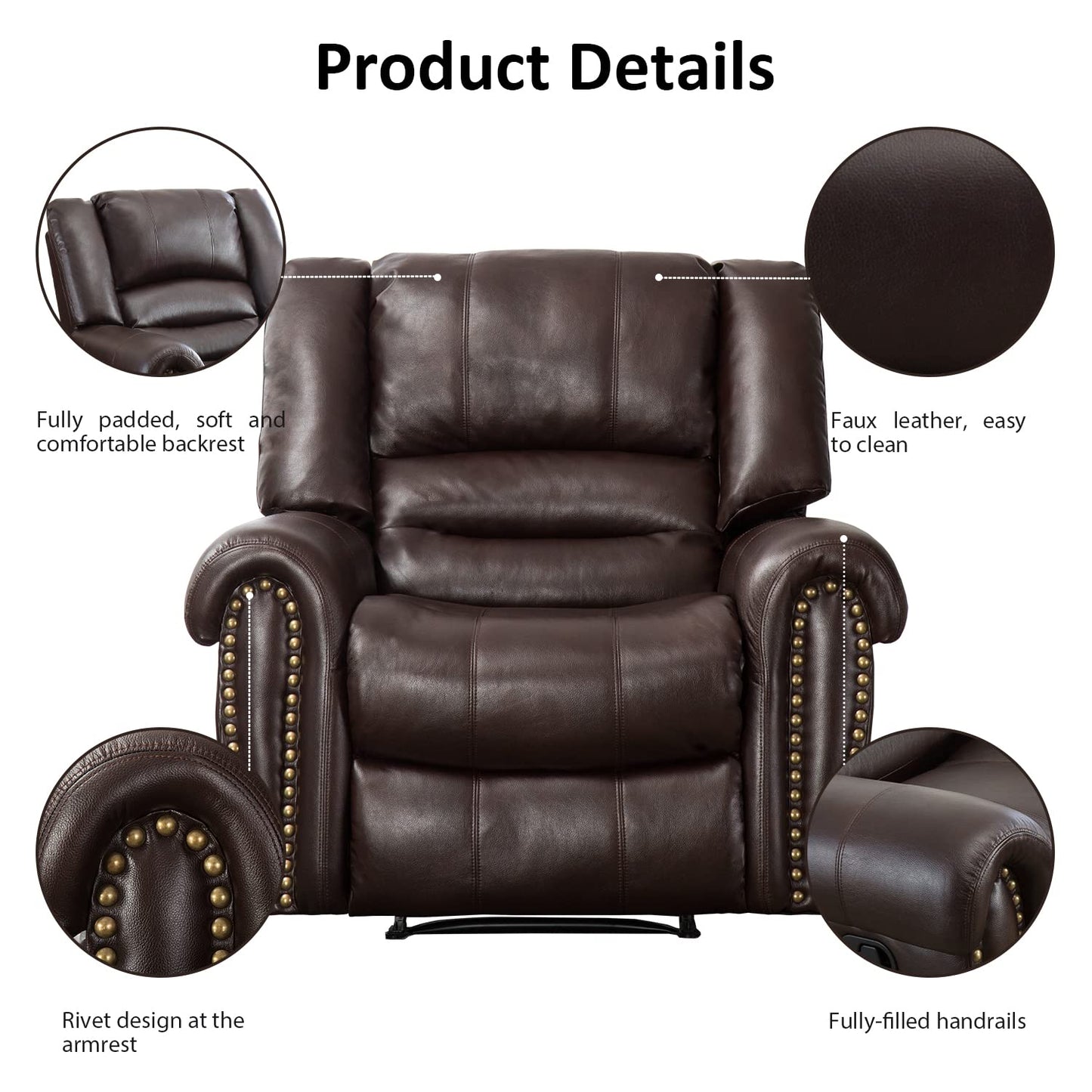 INZOY Leather Recliner Chair, Heavy Duty Manual Reclining Sofa Single Lounge Sofa for Living Room, Home Theater Seating, Brown