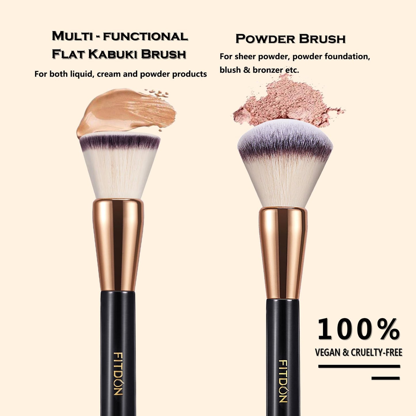 FITDON Foundation Brush and Powder Brush, 2PCS Professional Flat Top Kabuki Makeup Brush Bronzer Blush Brushes for Liquid, Cream and Powder