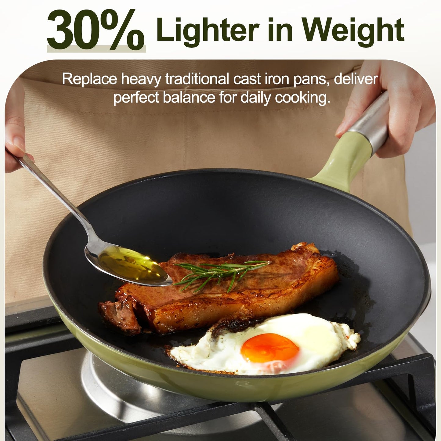 KOKHUB Titanium Enameled Cast Iron Skillets, Non Stick Frying Pan Set 3 Piece, 8" 9.5" 11" Non Toxic PFOA Free Cooking Pans, Dishwasher & Oven Safe Cookware, All Cooktops Compatible, Sage Green