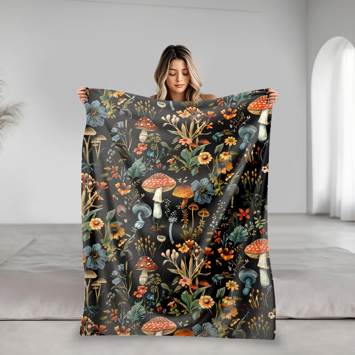 SERYULL Mushroom Throw Blanket,Cute Fluffy Cozy Fleece Blanket for Couch or Bed, Super Soft Birthday Gift for Women,Kids, Black 50x60 inches