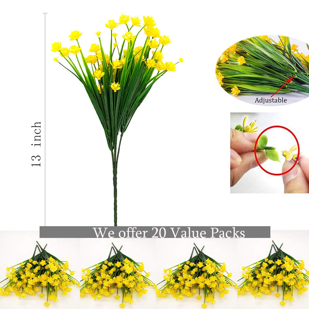 Grunyia Artificial Flowers, 20 Bundles Outdoor Fake Flowers for Decoration UV Resistant Faux Plastic Plants Garden Porch Window Box Décor (Yellow)