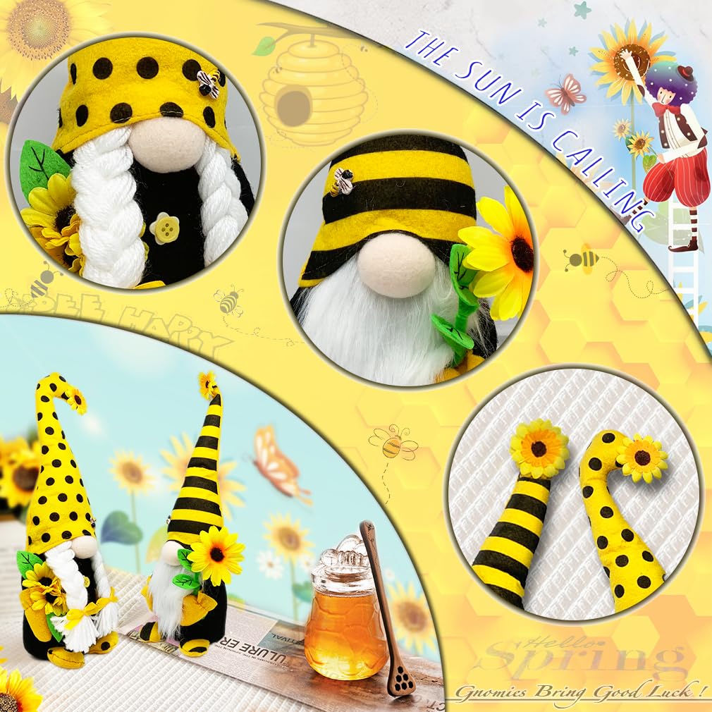 AMOH JERCY Tall Sunflower Gnome Set – 2PCS 15” & 14” Bee Plush Scandinavian Gnomes, Rustic Farmhouse Spring & Summer Decor, Tiered Tray & Mantel Decorations, Housewarming Gift, Party Table Centerpiece