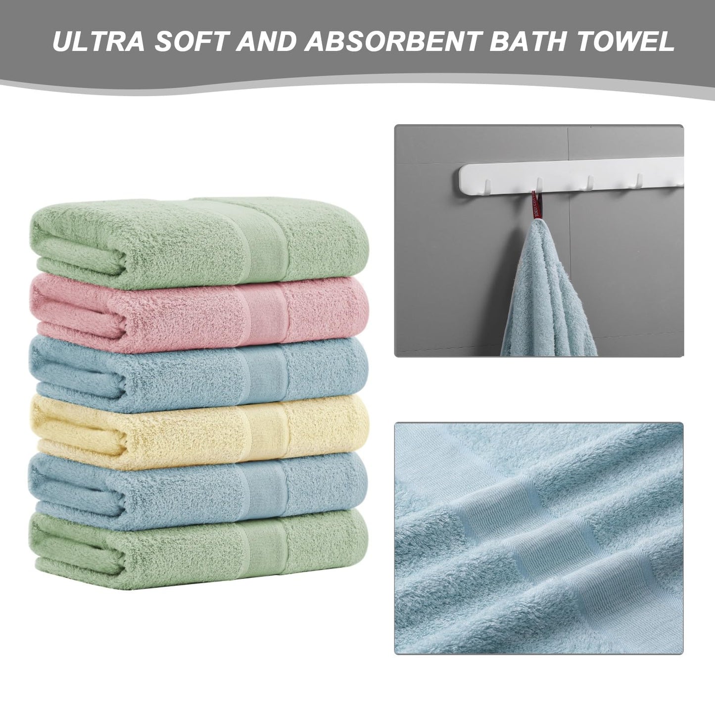 Aibaser Bath Towels, 27x54inch - Natural, Ultra Absorbent Towels for Bathroom, Travel, Gym, Shower and Spa (6 Piece Set)