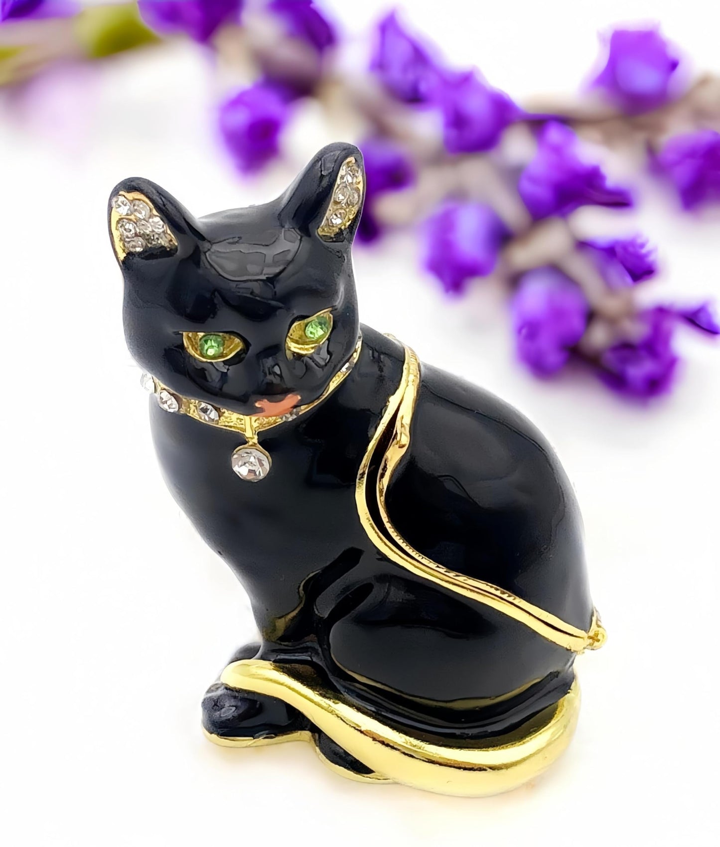JWT Astyle Luxury Black Cat Hinged Jewelry Box with Crystals.Hand Painted Cat Figurine Trinket Box .Classic Animal Designs.Rings Earrings Necklace Storage Box, Cat Home Decor Gift