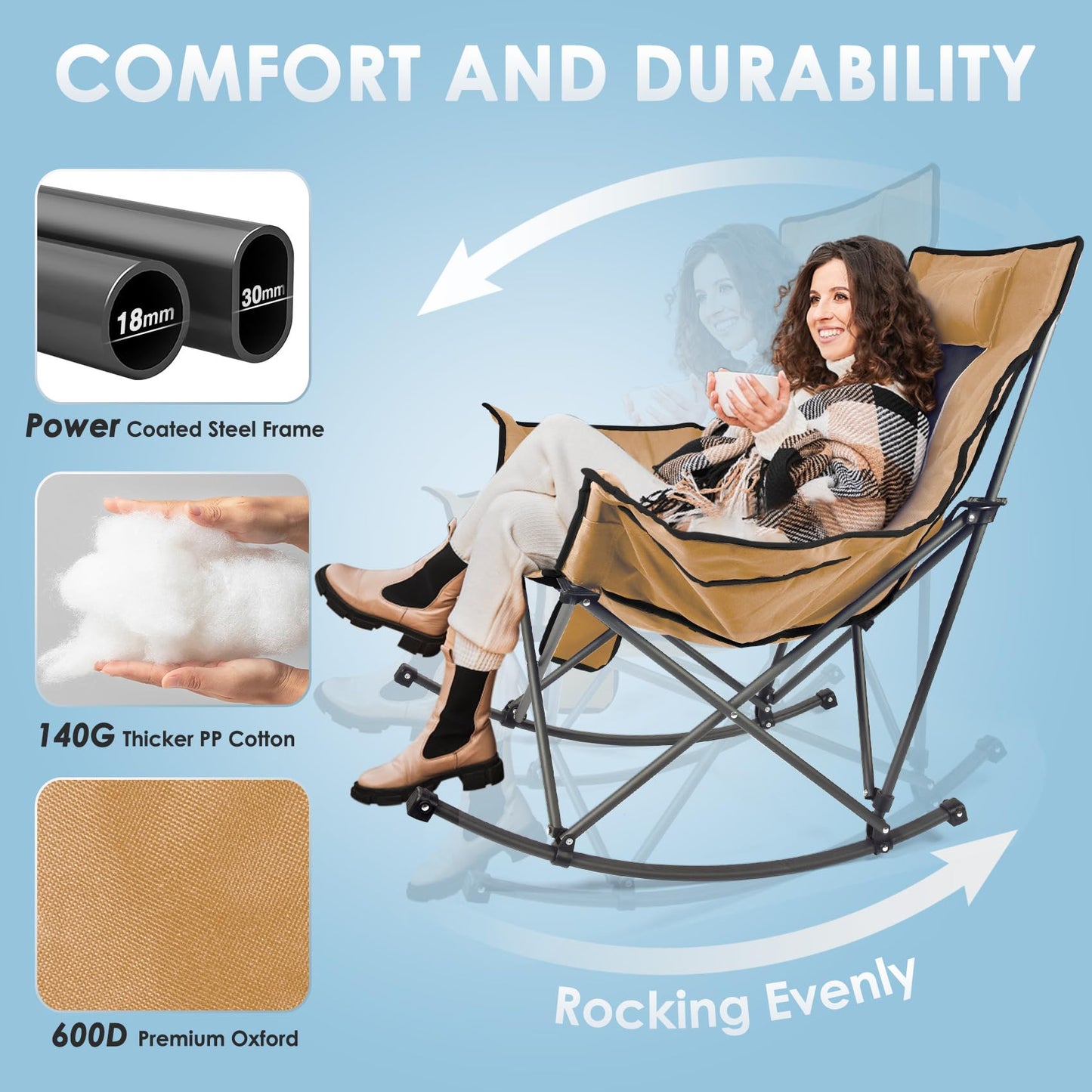 Suteck Heated Rocking Camping Chair, XL Oversized Rocking Chair Outdoor with 3 Heat Levels for Back and Seat, Heated Chairs Outdoor Sports W/20,000mAh Power Bank for Patio Lawn Picnic Travel