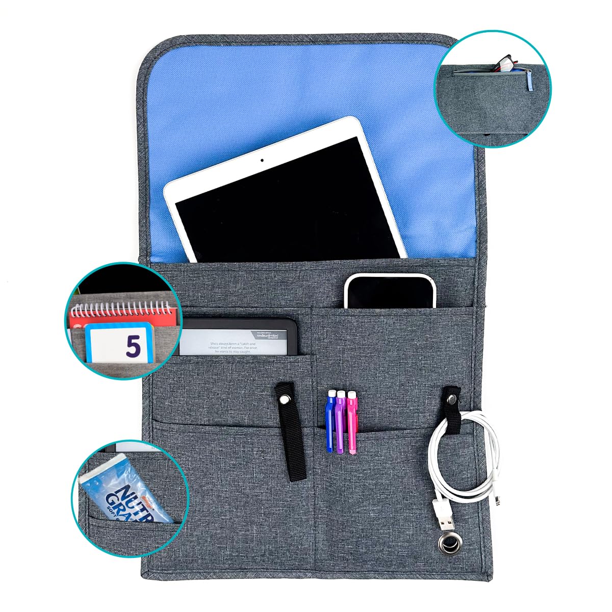 Airplane Pocket Organizer | Tray Table Cover | In Flight Seat Back Organizer Bag | Commuter Essential Travel Bag | Media Pouch For Flying | Travel Gift | Attaches To Luggage