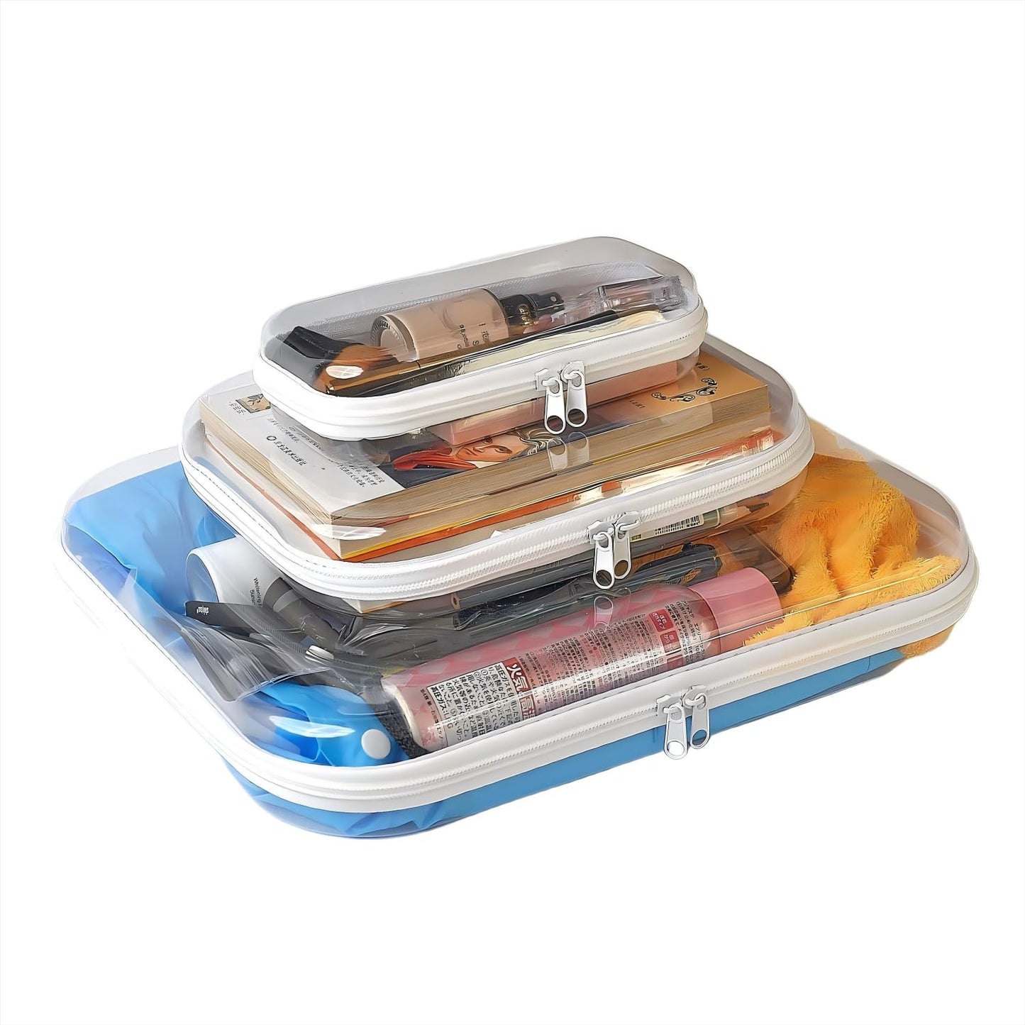 3 Pack Clear Hard Shell Zipper Case, Plastic Storage Pouch Bags With Zipper (Clear, Small+Medium+Large)