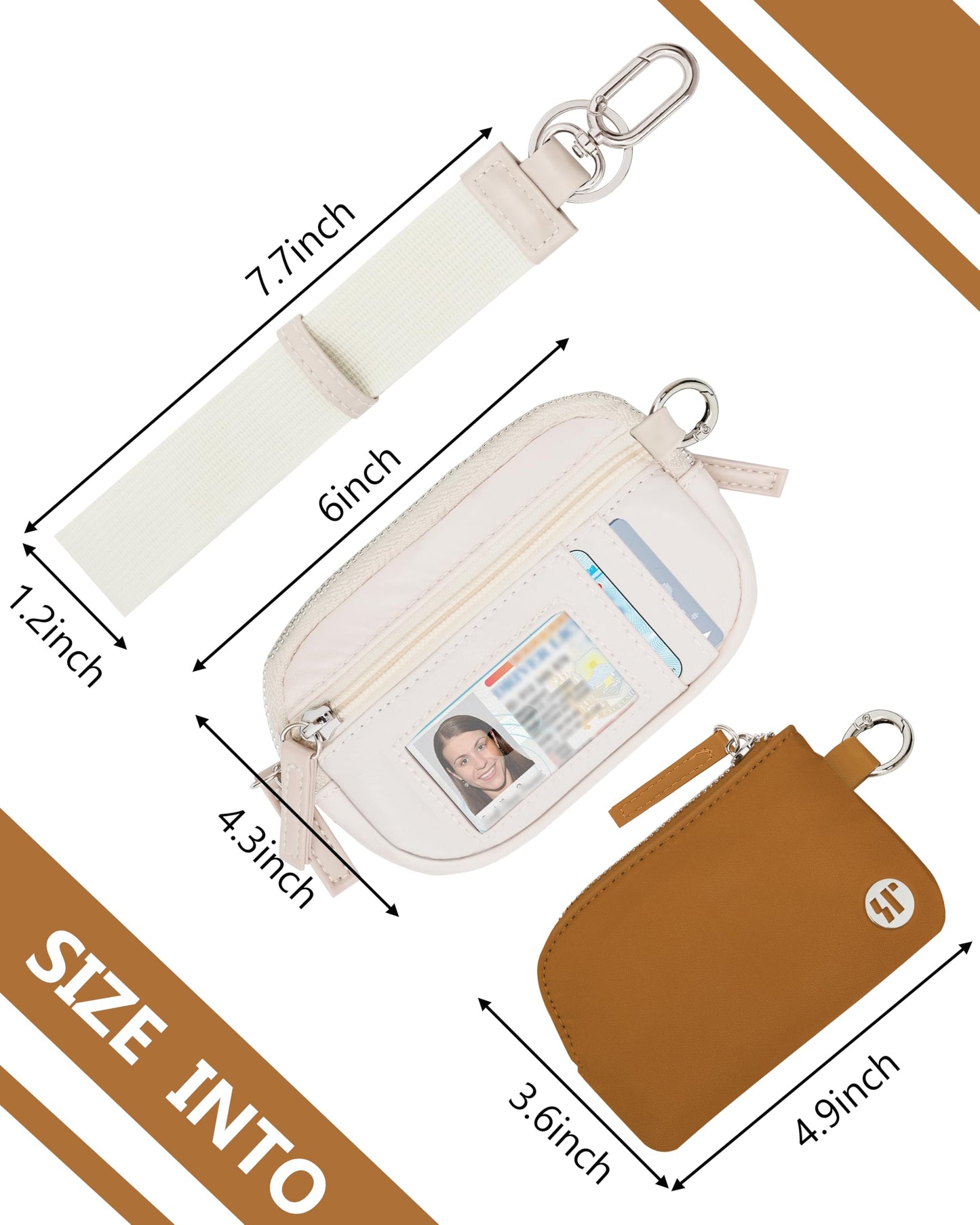 Sunpour Nylon Wristlet Wallet with Keychain for Women,Dual Pouch Small Wallet with Coin Purse & ID Window,Stylish Gift for Travel & Everyday Use (Beige＆Brown)