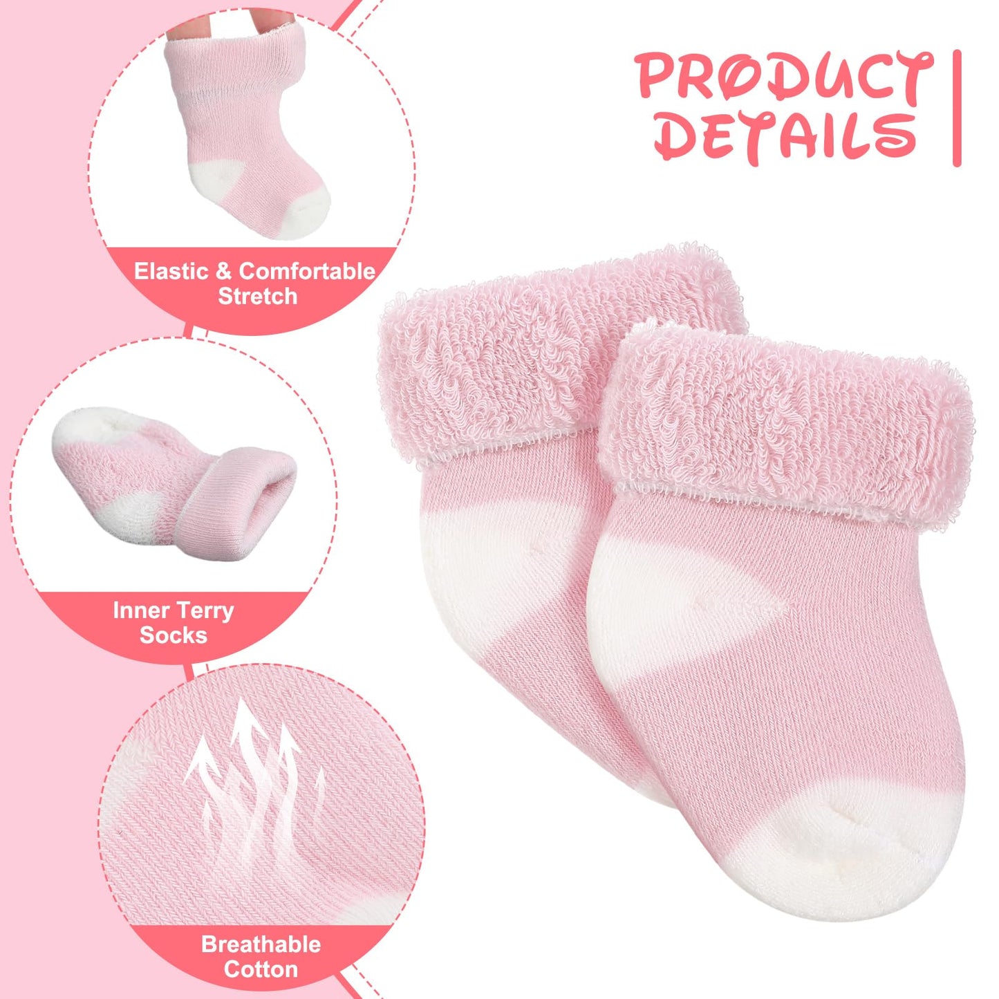 Twistover 10 Pairs Preemie Baby Terry Cotton Turn Cuff Socks for Newborn Girls Boys - Nicu(Pink, White,Preemie)
