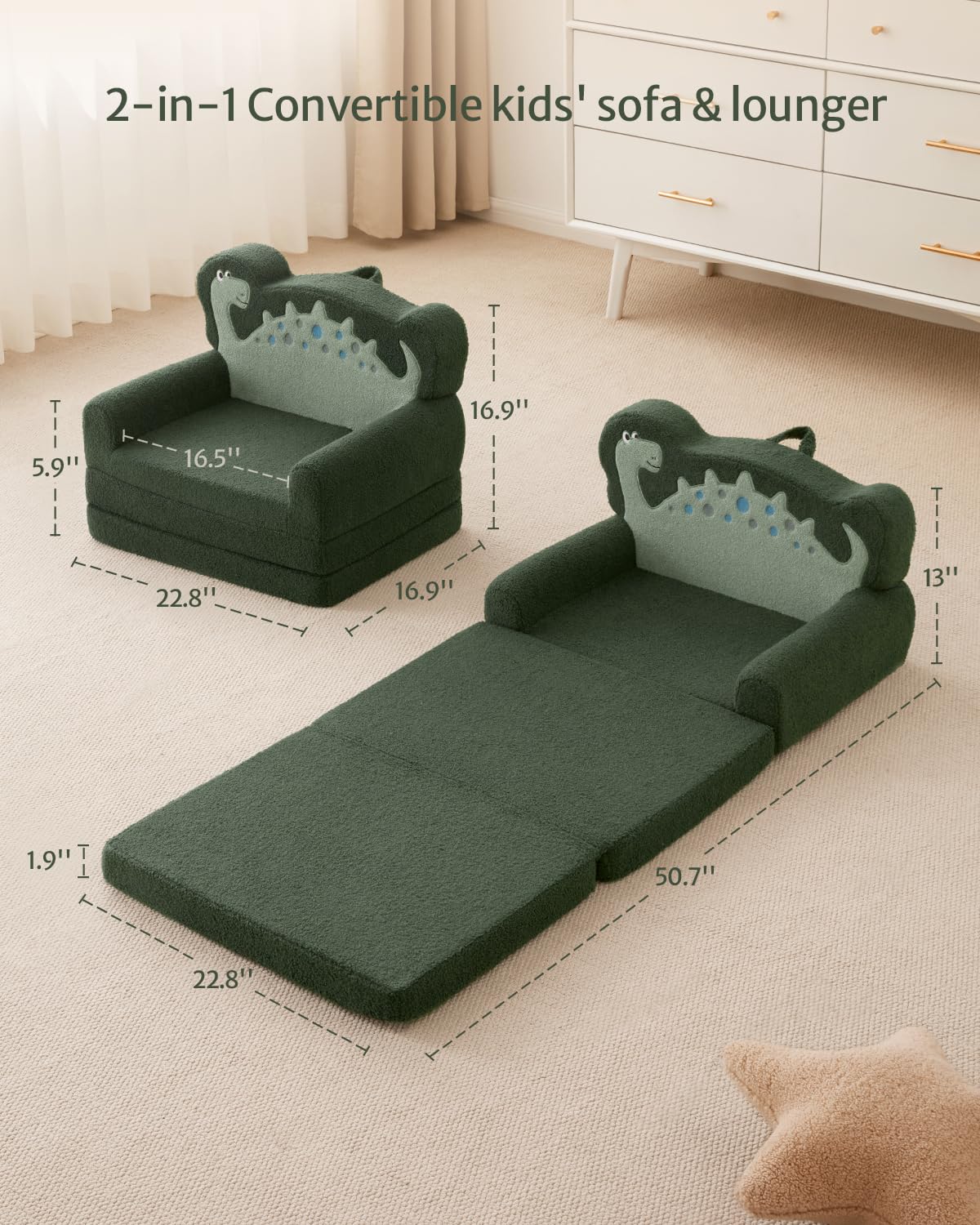 Blissful Diary Kids Couch, 2-in-1 Soft Toddler Couch Fold Out, Toddler Chair Comfy, Convertible Sofa to Lounger, Kids Furniture for Playroom, Gift for Birthday, Children's Day, Green Dinosaur